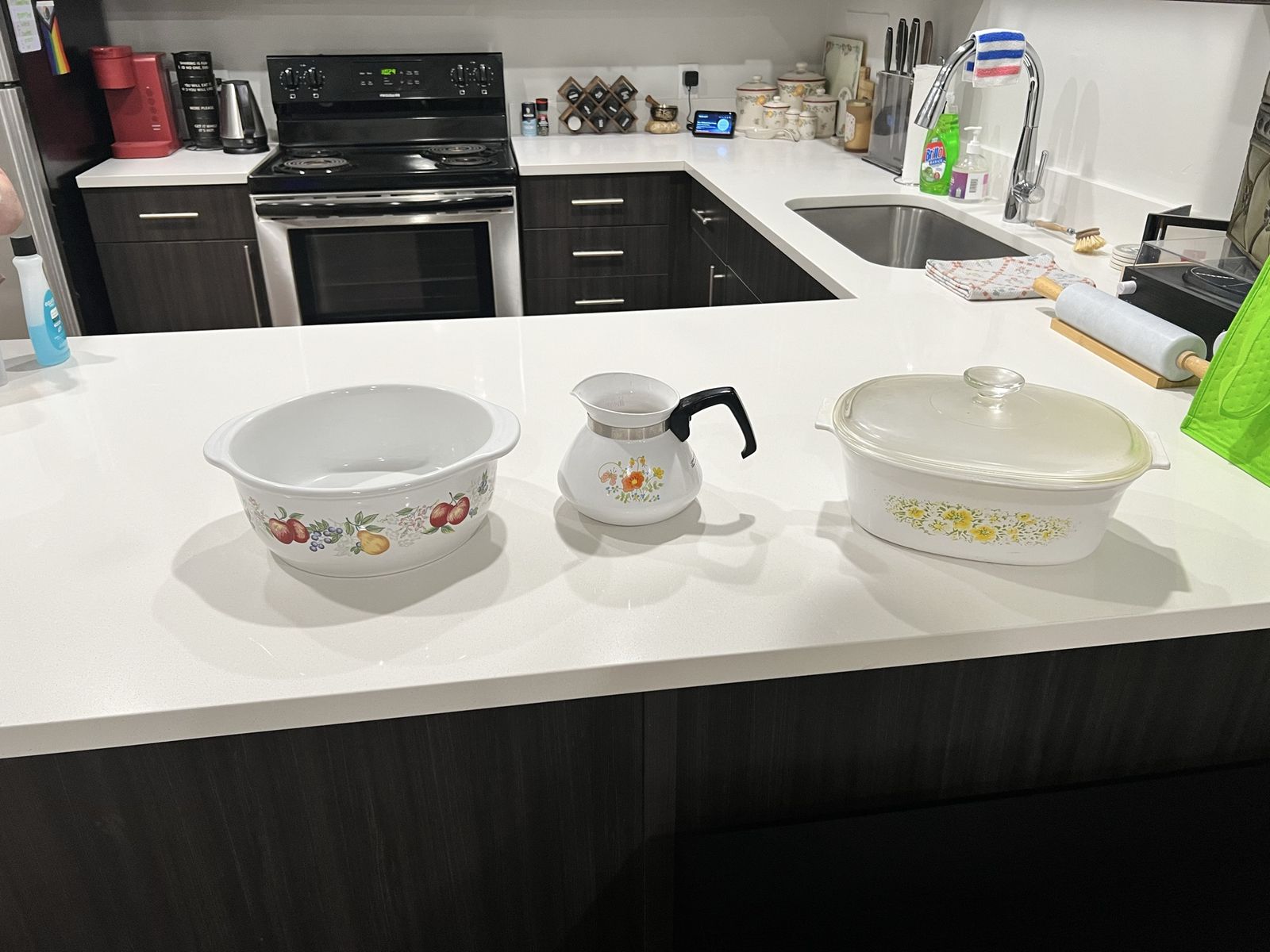 Vintage CorningWare Casserole Dish, Bowl & Kettle Set - Floral & Fruit Patterns