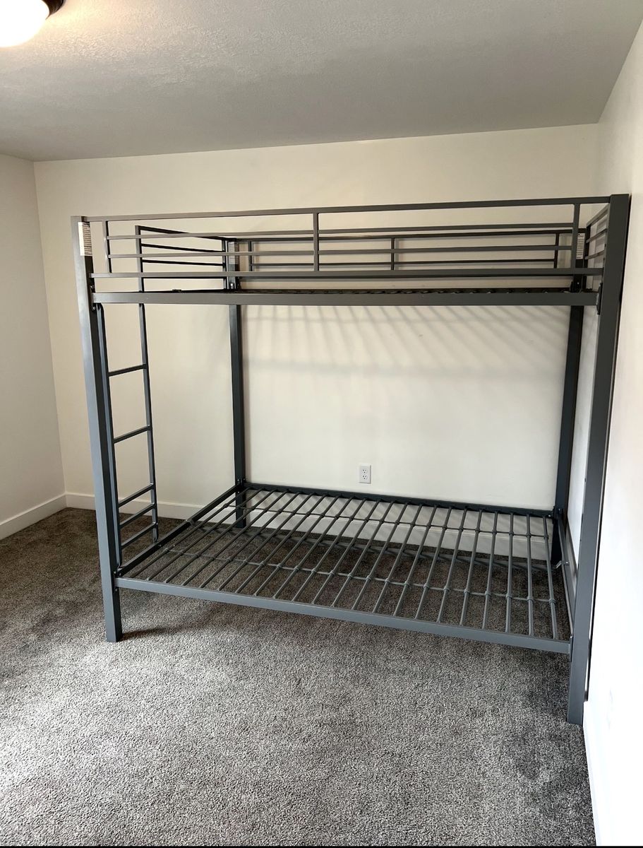 Gray Metal Full Size Over Full Size Bunk Bed with Ladder - Sturdy & Space-Saving Design
