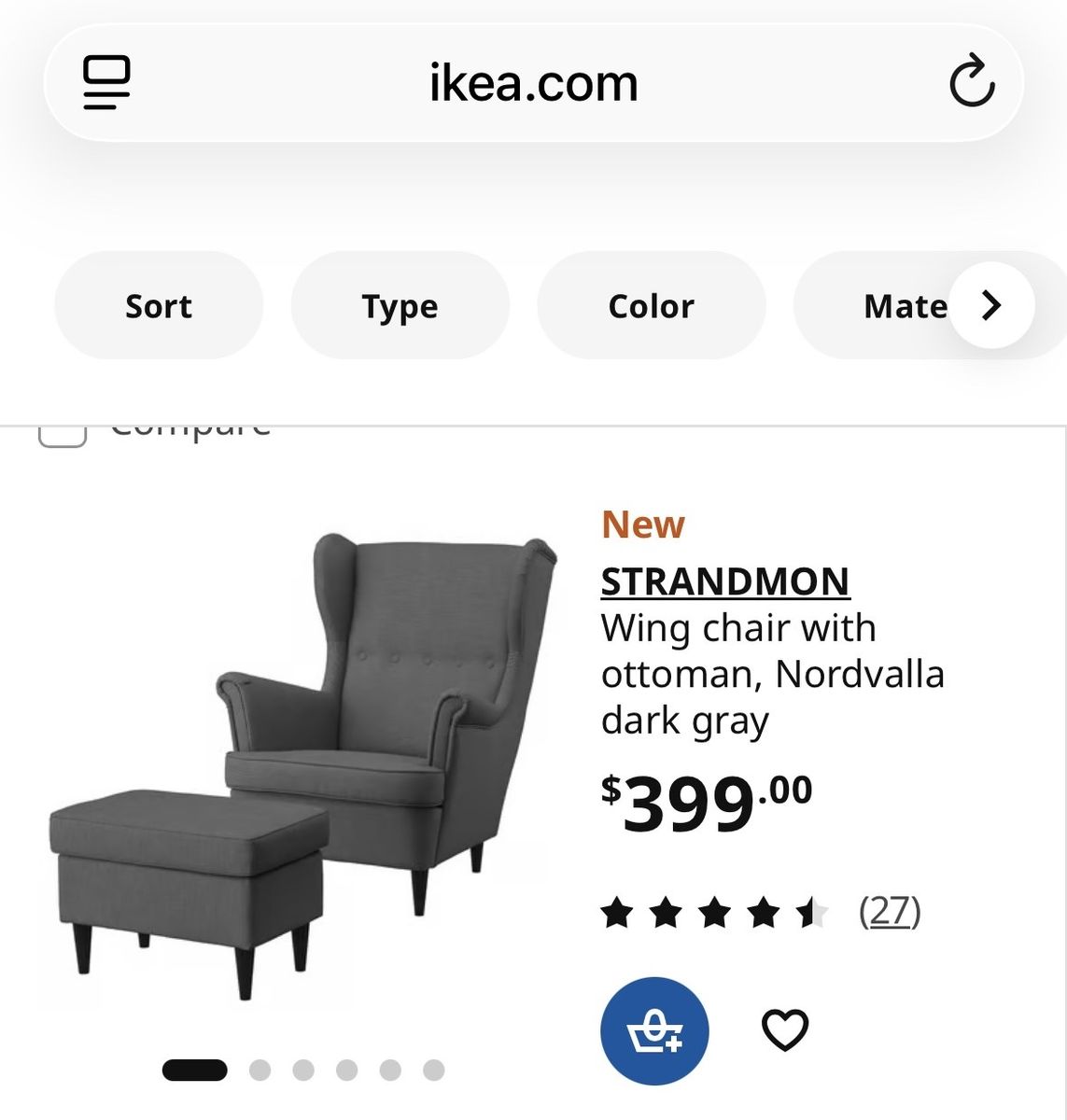 IKEA Strandmon Dark Gray Wing Chair with Ottoman