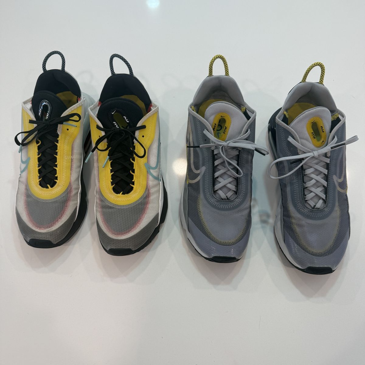 2 pairs Nike AirMax 2090 Gray/Black/Yellow and 'Wolf Grey' Grey Black Yellow 10.5 10 1/2 