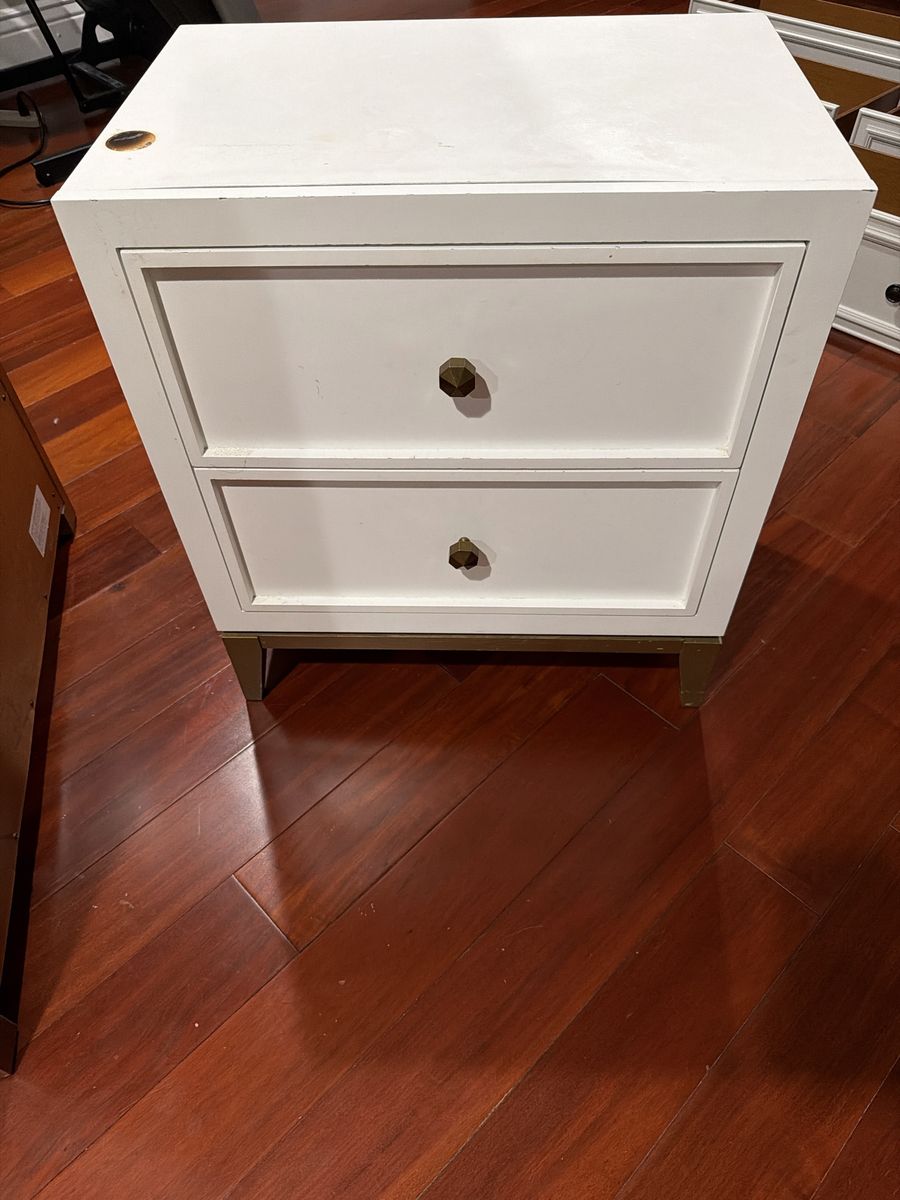 White Modern Two-Drawer Nightstand with Gold Hardware and Legs