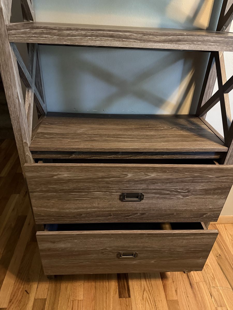 6-Foot Industrial X-Frame Bookshelf with 2 Drawers - Dark Oak Finish