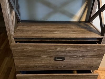 6-Foot Industrial X-Frame Bookshelf with 2 Drawers - Dark Oak Finish