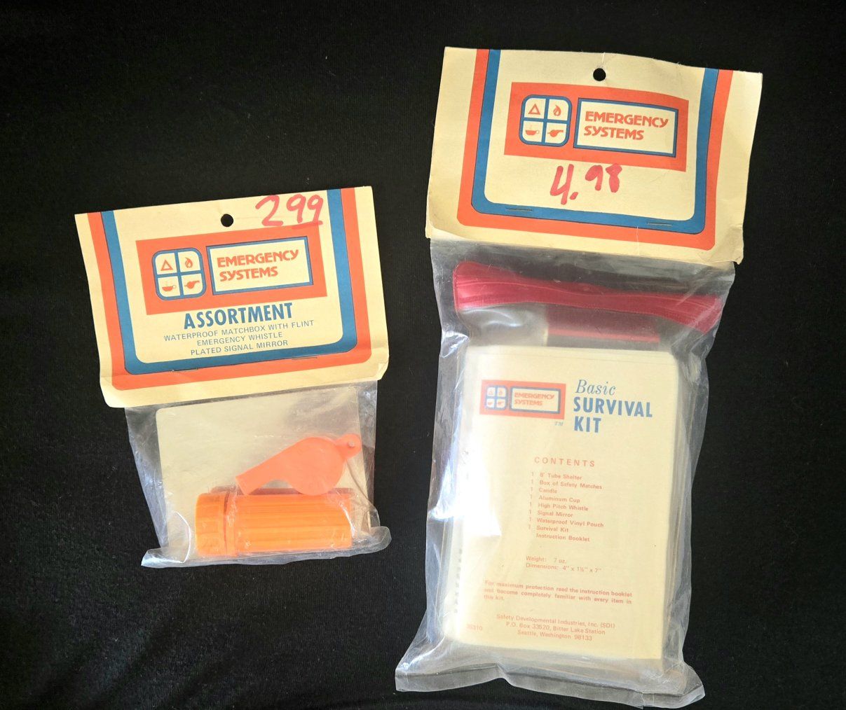 Set of 2! NWT Vintage Emergency Systems Survival Kit & Assortment Pack Deadstock New Old Stock (SDI) [c. 1970-80s]