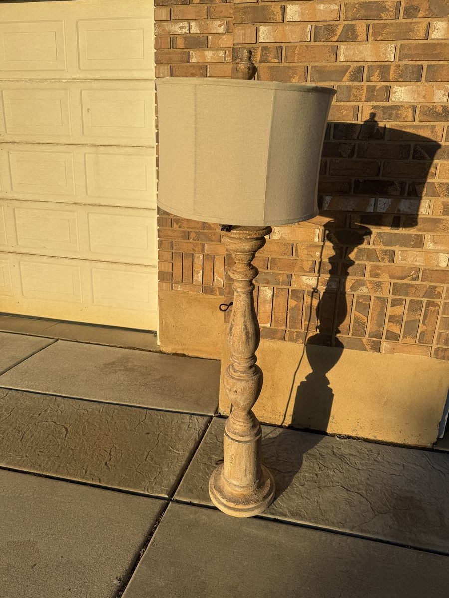 Rustic Shabby Chic Faux Carved Wood Floor Lamp with Linen Shade - Distressed Finish