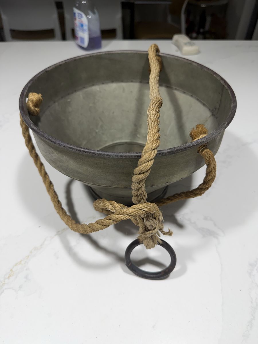 Rustic Galvanized Metal Hanging Planter Pot with Rope Hanger