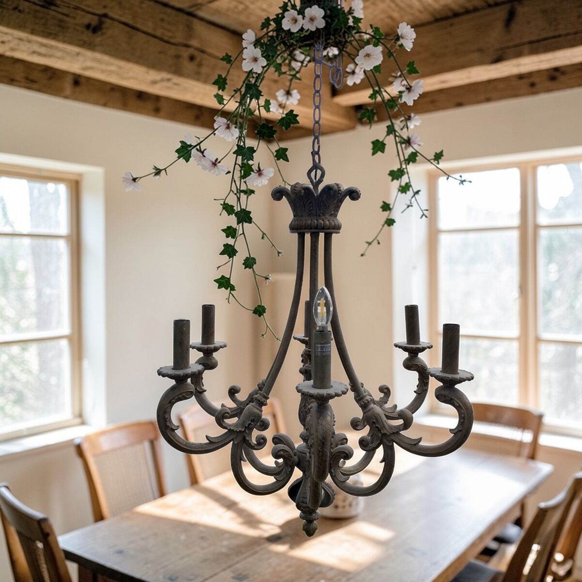 Vintage 1970s Brass Chandelier – 6 Arm w/ Original Mini Shades