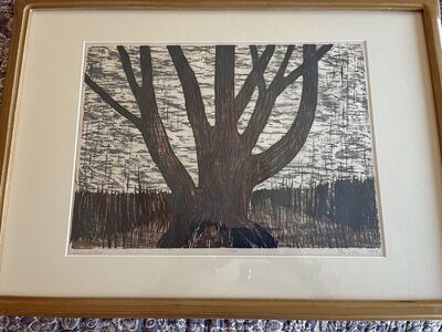 Nice Mid Century style 3 color wood cut - signed