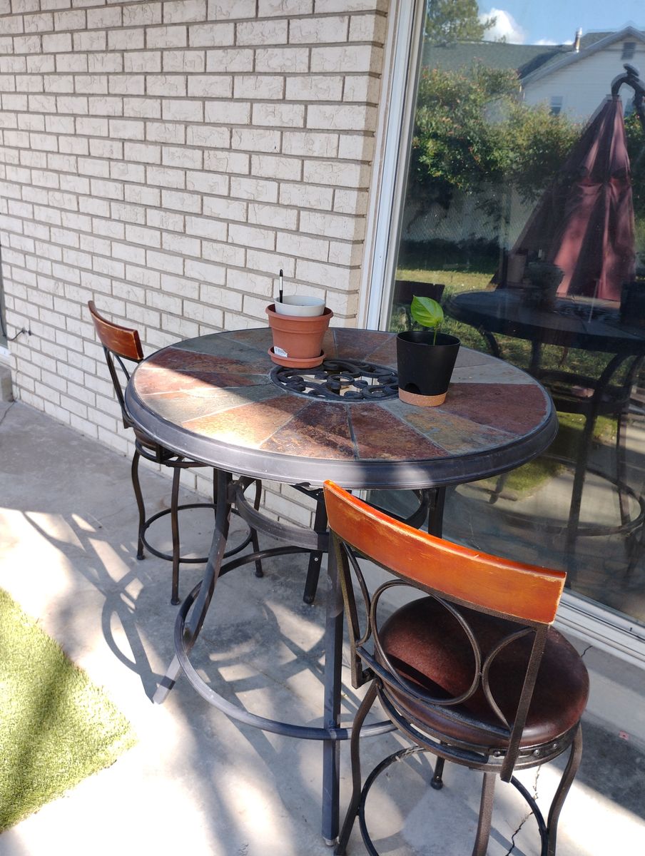 Outdoor Patio Furniture Set - Tile Top Bar Table, 2 Stools, Bench, Umbrella