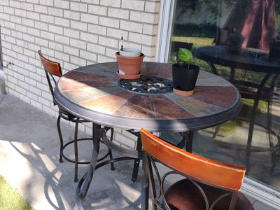 Outdoor Patio Furniture Set - Tile Top Bar Table, 2 Stools, Bench, Umbrella