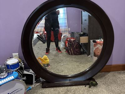 Mahogany cubed round mirror