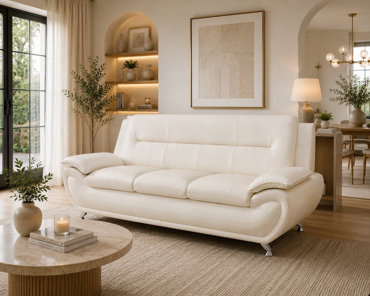 🤍 NEW Lifestyle Faux Leather Living Room Sofa – 3-Seater (Cream White) 🤍