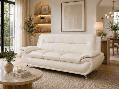 🤍 NEW Lifestyle Faux Leather Living Room Sofa – 3-Seater (Cream White) 🤍