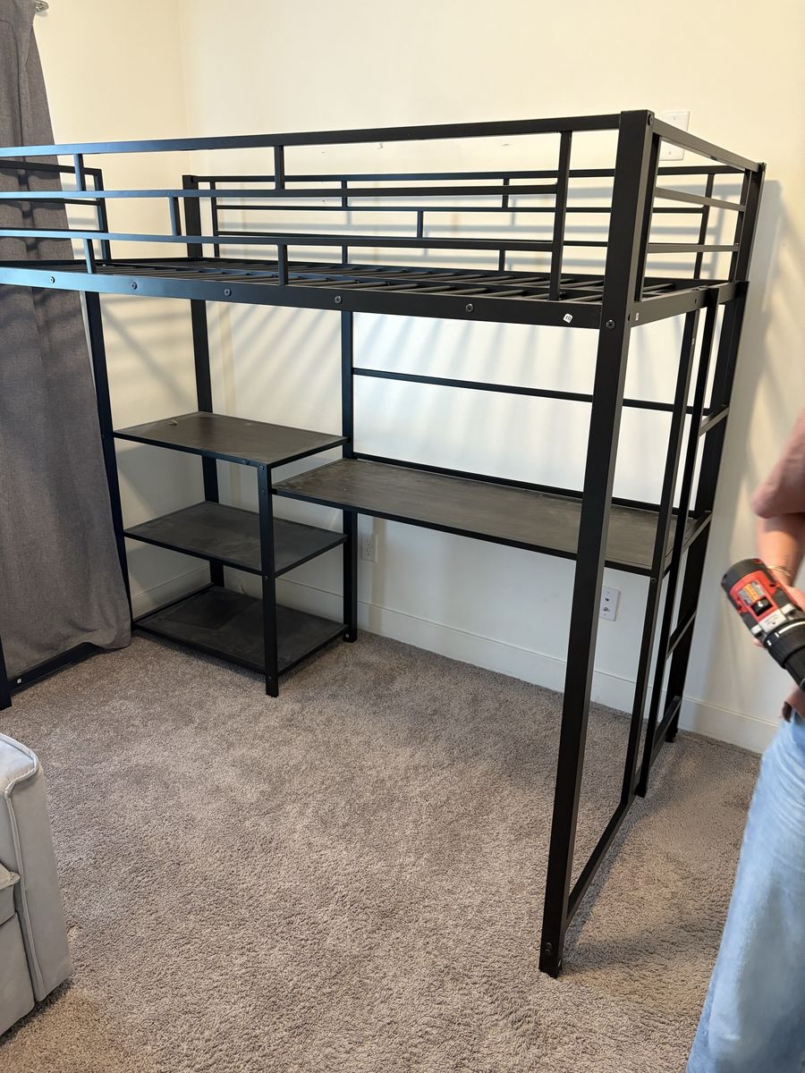 Twin loft bed with desk, whiteboard and mattress