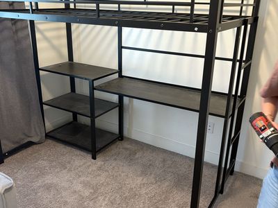 Twin loft bed with desk, whiteboard and mattress