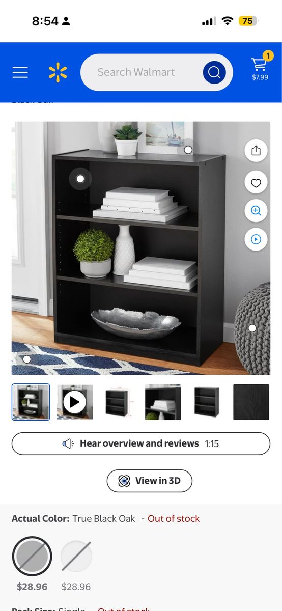 Mainstays 3-Shelf Bookcase, True Black Oak Finish, 31.65" Tall Storage Organizer