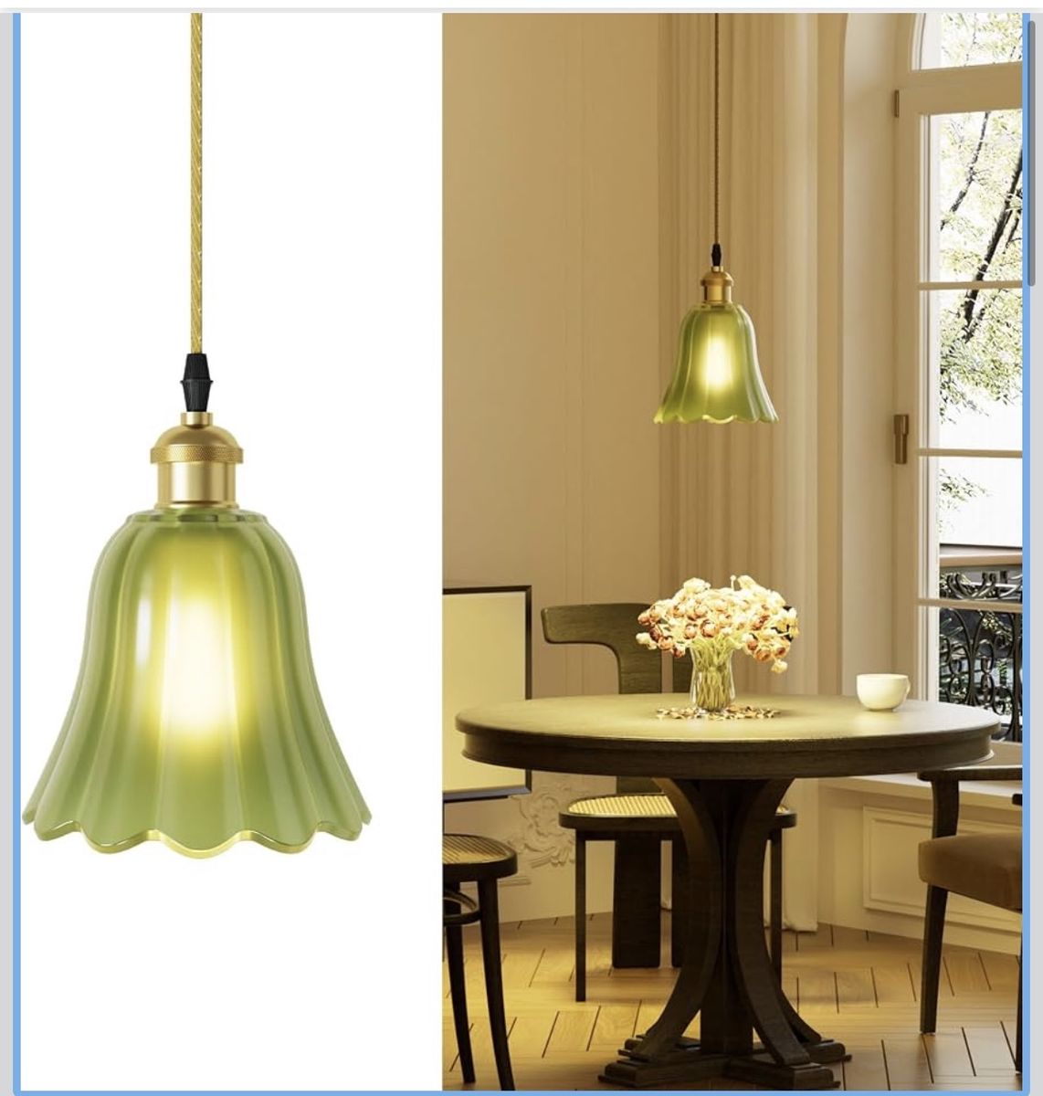 Popolron Pendant Light Vintage Green Glass Petal Lampshade 1-Pack