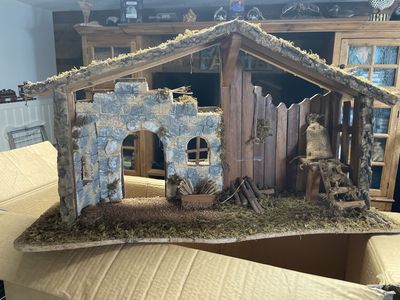 Rustic Handcrafted Nativity Manger Stable, Wood & Stone Design, Moss Accents, 30.5” w x 17” h x 10” d