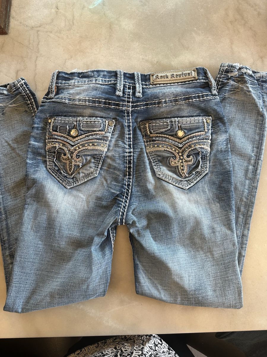Rock Revival Loganberry Light Wash High Rise Skinny Jeans Size 27 Embellished Pockets