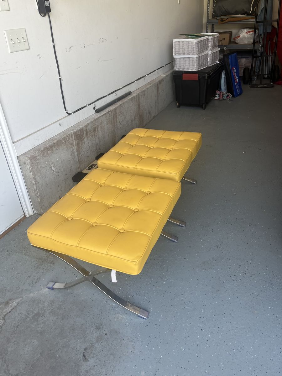 Modern Yellow Tufted Leather Bench Stools with Chrome X-Base (Set of 2)