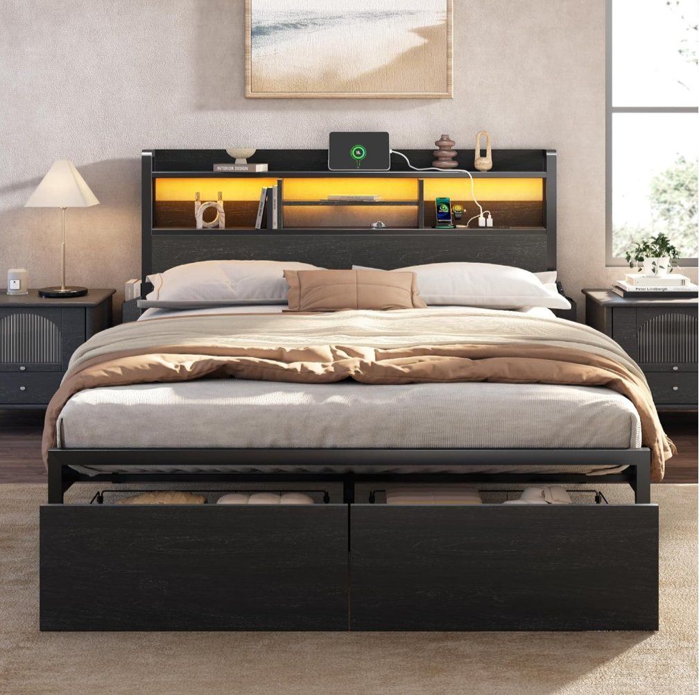 New Full Size Nice Black Oak Bed Frame with Storage
