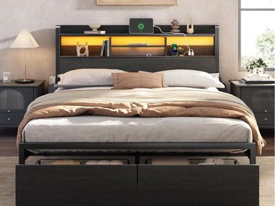New Full Size Nice Black Oak Bed Frame with Storage