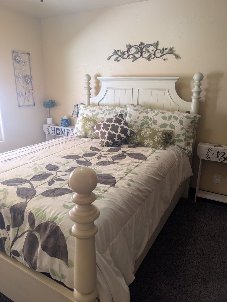Queen Size Bed Frame and Mattress Set - Cream Wood Frame with Queen Anne Style Headboard