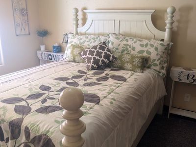 Queen Size Bed Frame and Mattress Set - Cream Wood Frame with Queen Anne Style Headboard