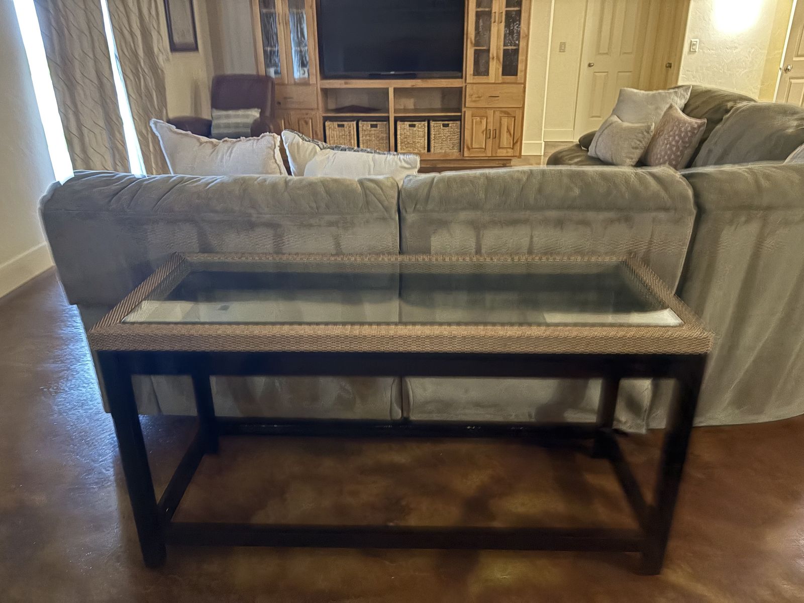 Pottery Barn Wicker, wood and glass sofa table, accent table $250 cash/venmo in Draper