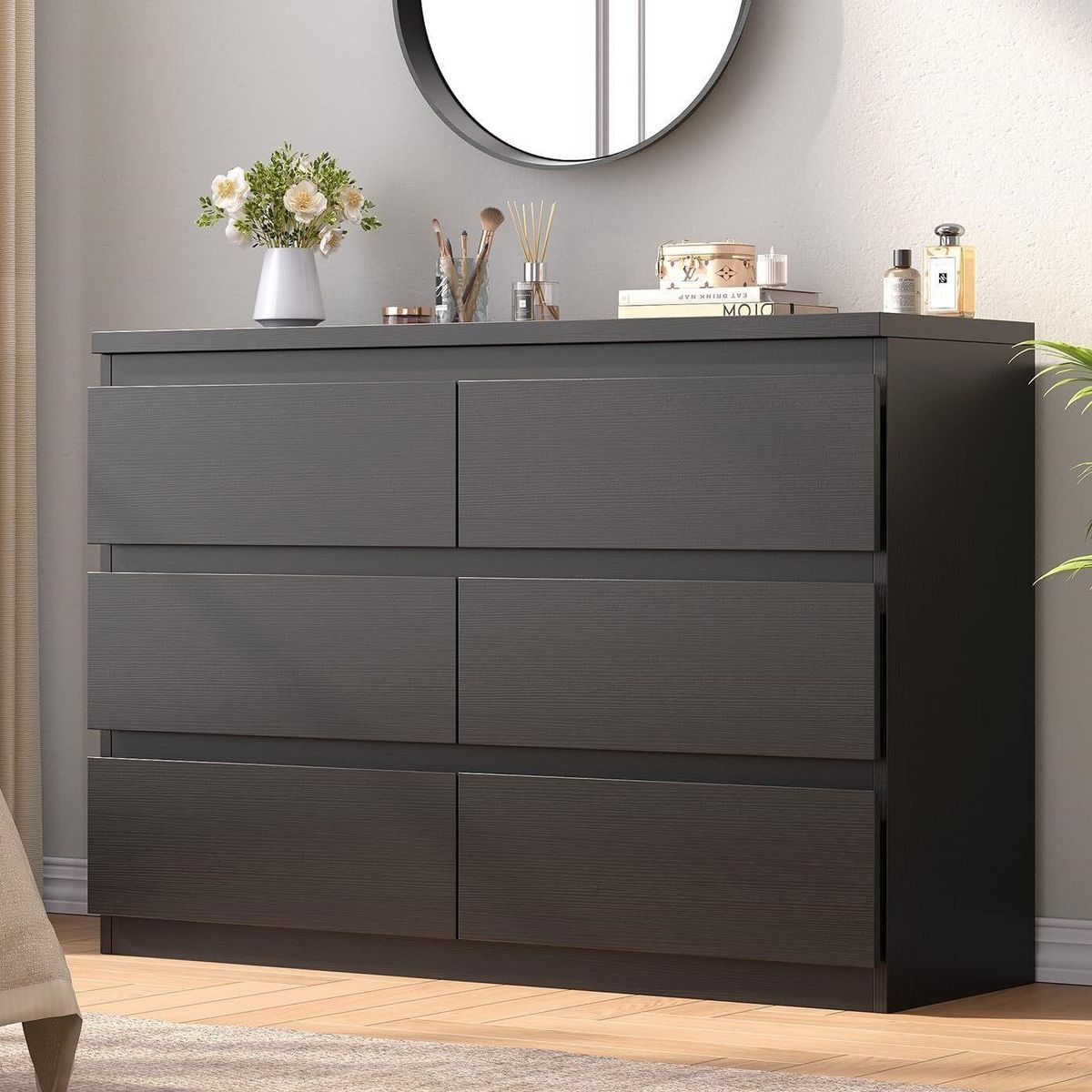 Modern Black 6 Drawer Dresser, Wood Storage Double Dresser with Smooth Metal Rails