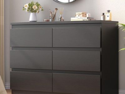 Modern Black 6 Drawer Dresser, Wood Storage Double Dresser with Smooth Metal Rails