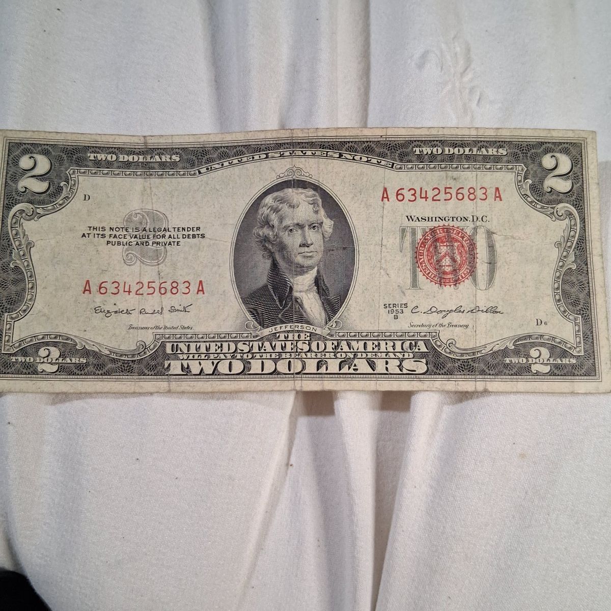 Vintage 1953 Series A US Two Dollar Bill Red Seal Legal Tender Note