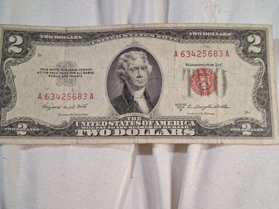 Vintage 1953 Series A US Two Dollar Bill Red Seal Legal Tender Note
