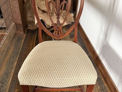 Antique reproduction Shield Back Dining Chairs and table with matching break front. Carved Wood mahogany
