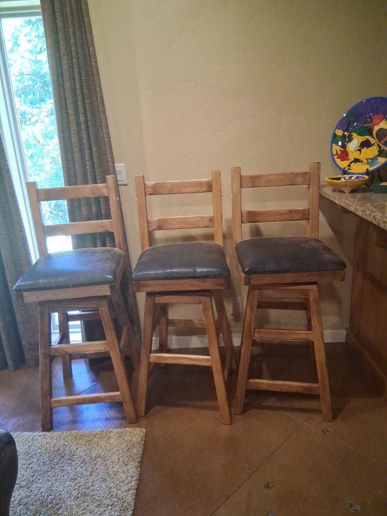 Set of 3 Wood Bar Stools with Black Padded Swivel Seats - Ladder Back Design