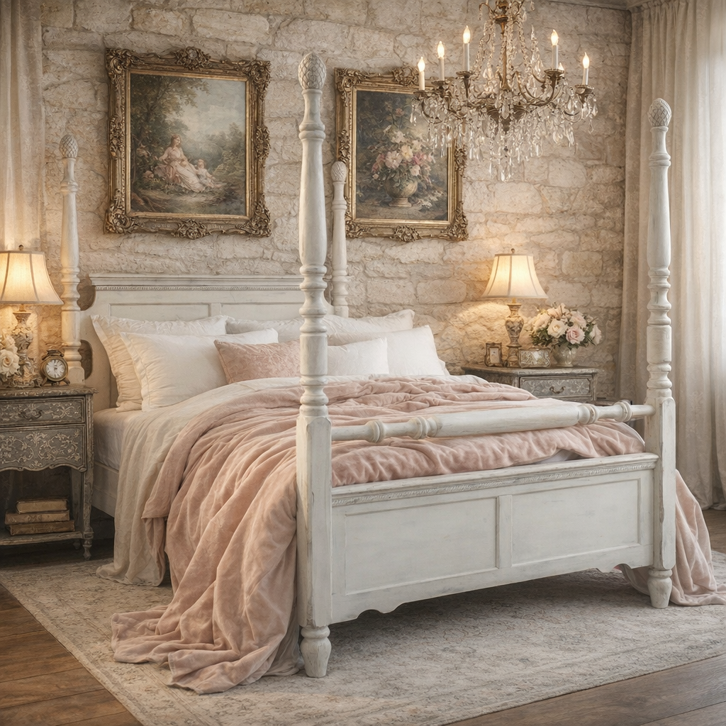 Cottagecore Queen 4 Poster Bed Frame Shabby Chic White French Country Farmhouse