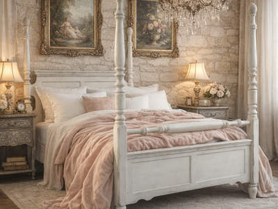 Cottagecore Queen 4 Poster Bed Frame Shabby Chic White French Country Farmhouse