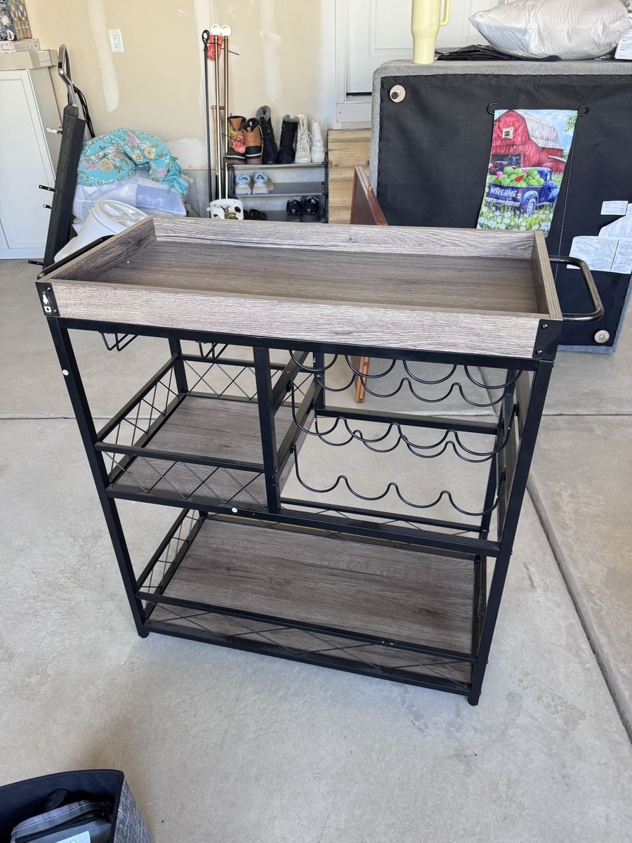 Industrial Style Wooden Bar Cart with Wine Rack & Removable Top Tray