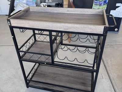 Industrial Style Wooden Bar Cart with Wine Rack & Removable Top Tray