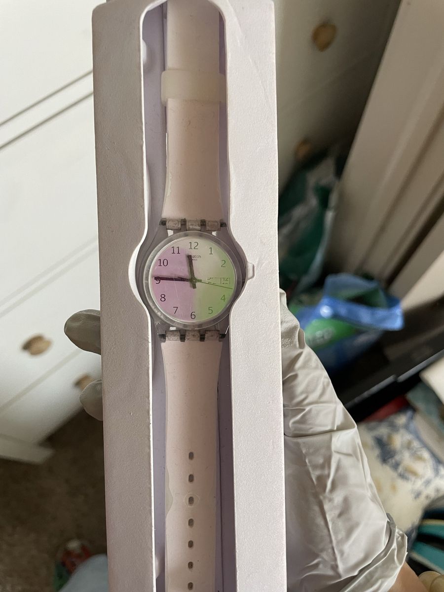 Swatch Originals Swiss Quartz Watch Pink and Green Colorblock Dial with Packaging