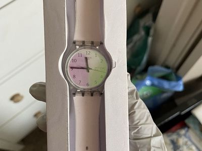 Swatch Originals Swiss Quartz Watch Pink and Green Colorblock Dial with Packaging