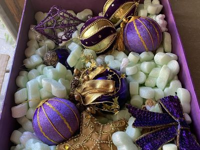 Assorted Christmas Ornaments: Purple and Silver Decorations, Tree Topper Angel & Star