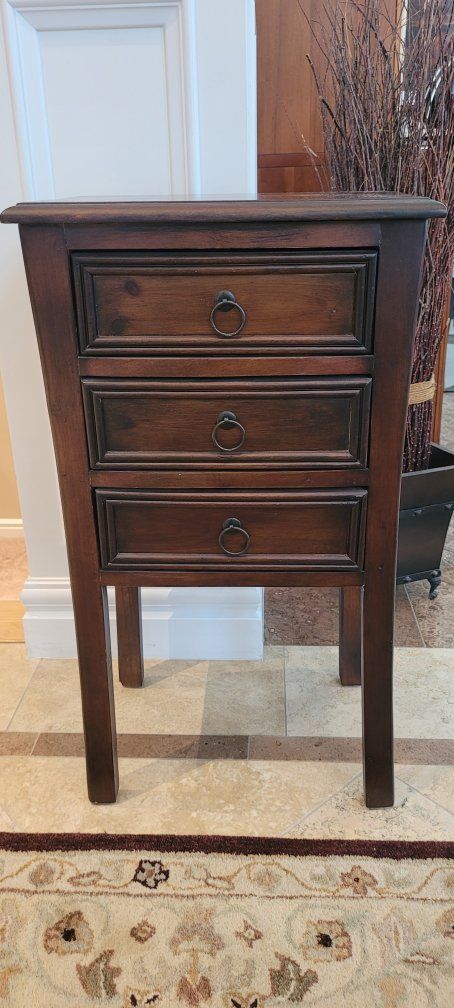 Rustic Dark Wood 3-Drawer End Table / Nightstand with Ring Pulls