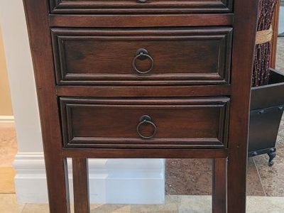 Rustic Dark Wood 3-Drawer End Table / Nightstand with Ring Pulls