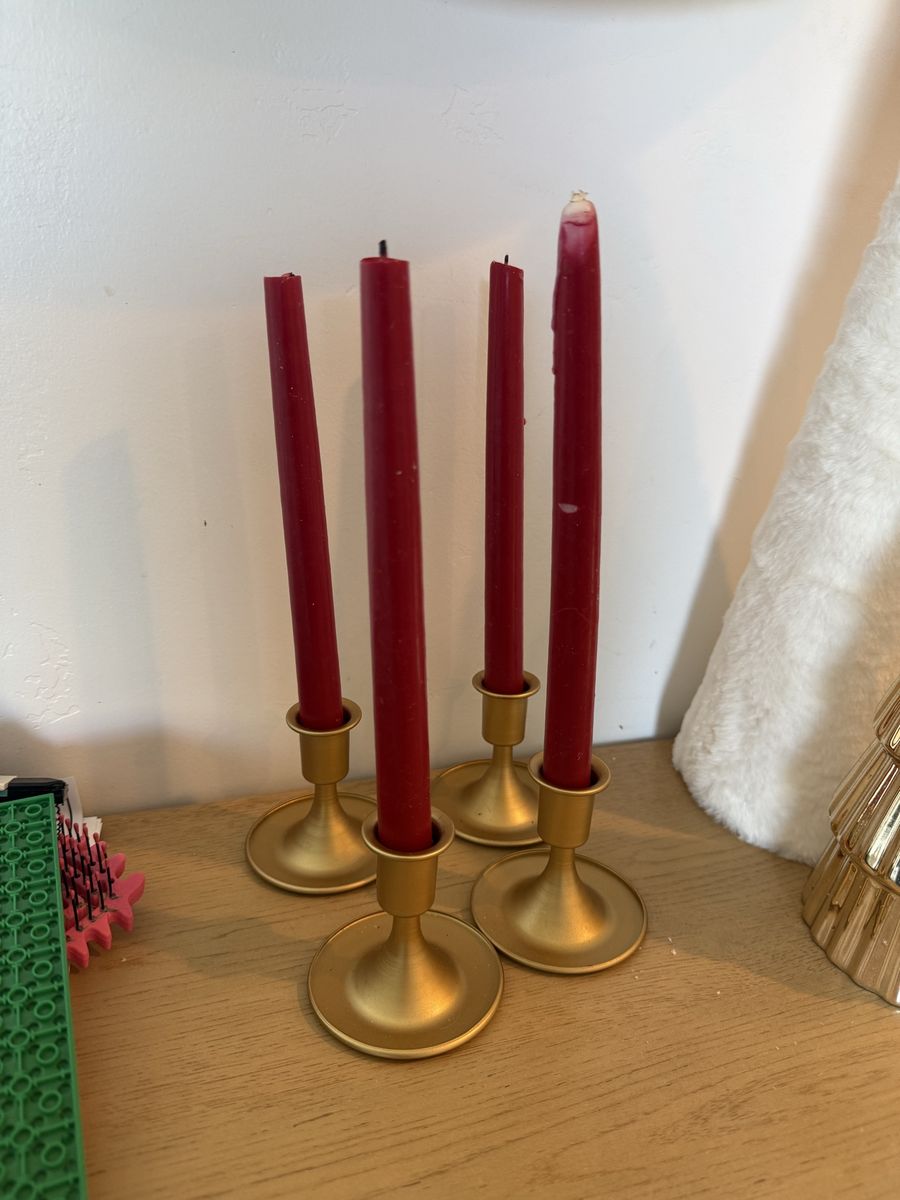 Set of 4 Brass Gold Candlestick Holders with Red Taper Candles