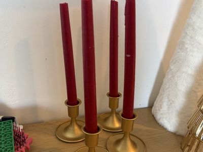 Set of 4 Brass Gold Candlestick Holders with Red Taper Candles
