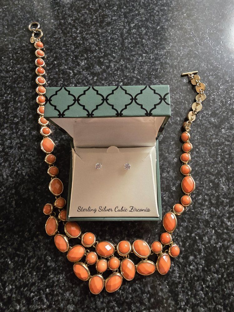 Sterling Silver Cubic Zirconia Stud Earrings & Orange Statement Necklace Set