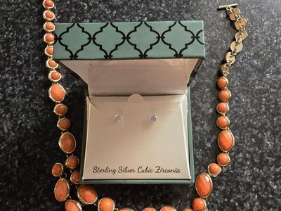 Sterling Silver Cubic Zirconia Stud Earrings & Orange Statement Necklace Set