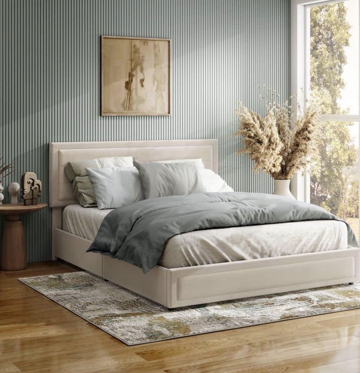 Upholstered Queen Size Platform Bed Frame with Headboard - Ivory Textured Fabric