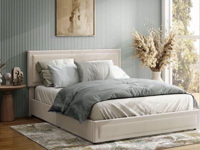 Upholstered Queen Size Platform Bed Frame with Headboard - Ivory Textured Fabric